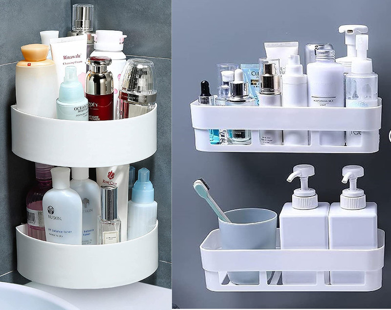 Attilio Kitchen Bathroom Rack Storage( 2Shelves + 2 Round Corner Box )(White)