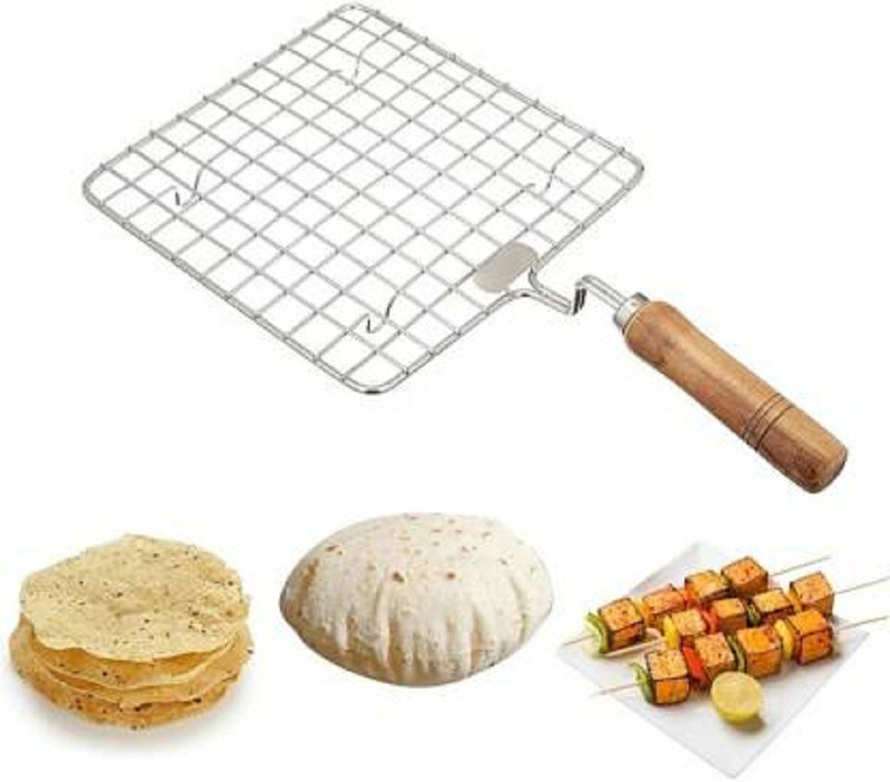 CHIPHER Stainless Steel Wire Roaster Wooden Handle with Roasting Net steel jali roaster net roaster grill roasters roaster jali brinjal roaster roasting grill roasting net roasting pan vegetable roaster chicken roaster papad jali chapati grill 2 kg Roaster (Steel) 2 kg Roaster(Steel)