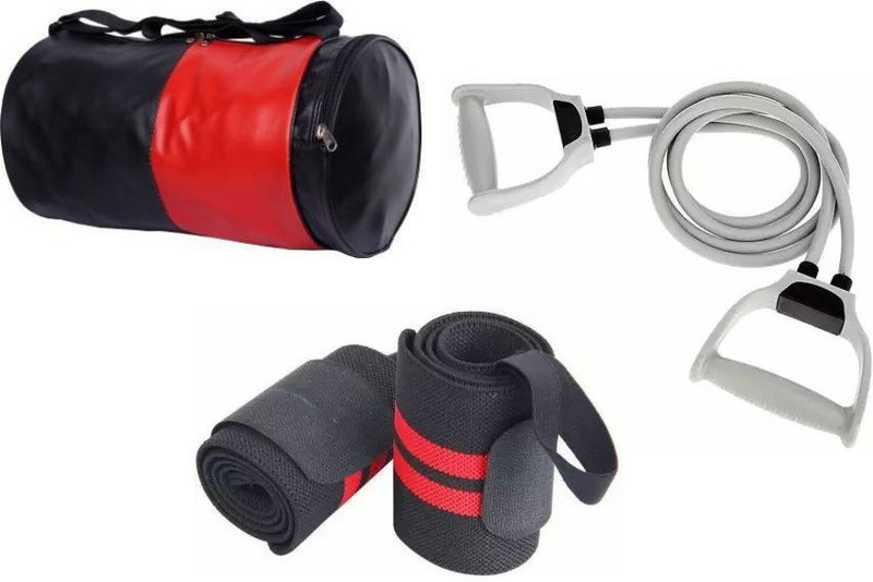EMMCRAZ (black&red) gym bag with Double Resistance tube and Wrist Wraps for Gym,(Dry Bag)