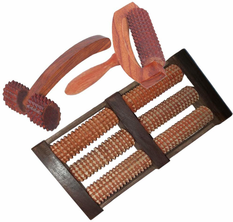 CRAFTSEXPORT Wooden Roller Cutter Hand/Leg Massager Body Stress Massager Fitness (7x6) In, Wooden Foot massager 6 Rod (12x6x2) In, Pain Relief Neck Massager (6x3) In set of 3 (