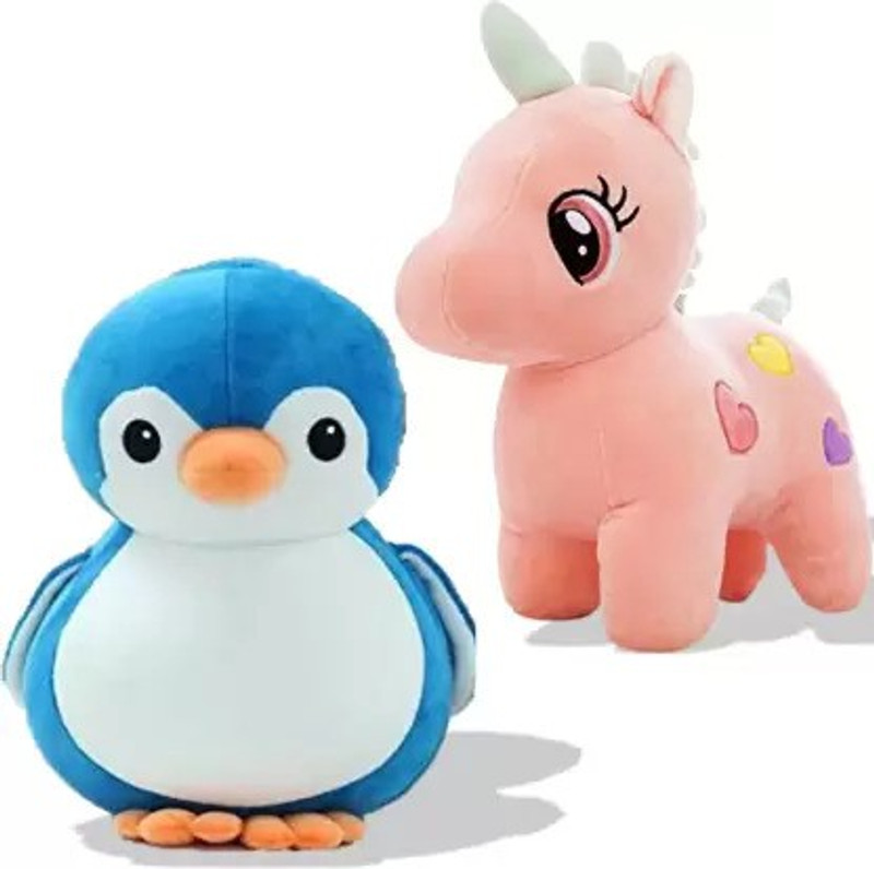 Gking Cute & Attractive Pair of Unicorn and Penguin for Kids, Gift & Decoration (Teddy Bear) - 25 cm (Pink & Blue)  - 25 cm(Multicolor)