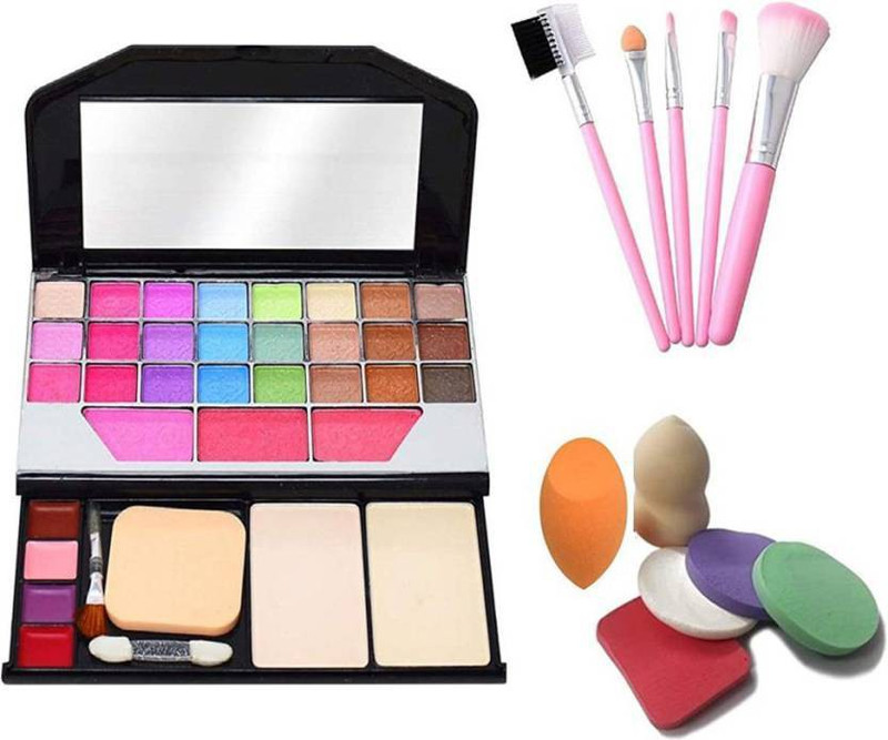 TYA 6155 Makeup Kit + 5 Piece Pink Makeup Brush + 6 Piece Makeup Sponges Set