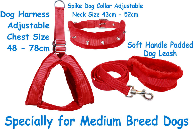 S.Blaze Dog Belt Spike Fur Padded Red Dog Harness with Dog Collar & Leash Specially for Medium Breed Dog Harness & Leash(Medium, Red)