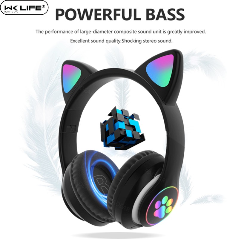 Wk Life Kids Headphones Wireless, Girls/Boys Cat Ear Bluetooth Bluetooth Headset(Black, On the Ear)