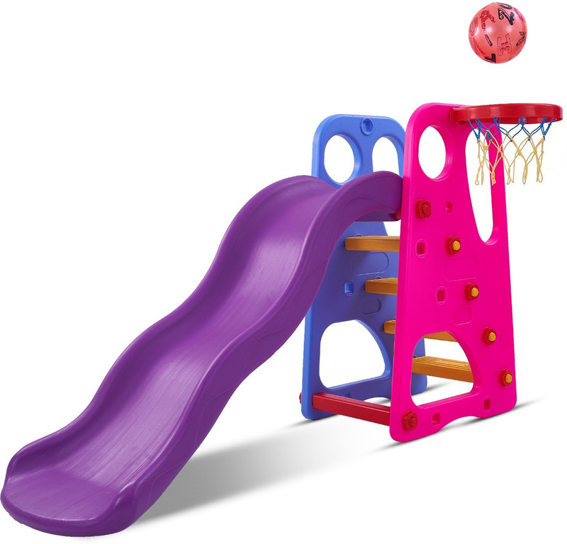 baybee Folding Slide And Basketball Stand Set | First Slide Plastic Play Climber | Basketball Hoop Adjustable Height | Junior Play Indoor Outdoor Portable For Toddler, Kids | Toy Suitable Kids For 1 To Up Boys & Girls ( Pink with Orange )(Multicolor)