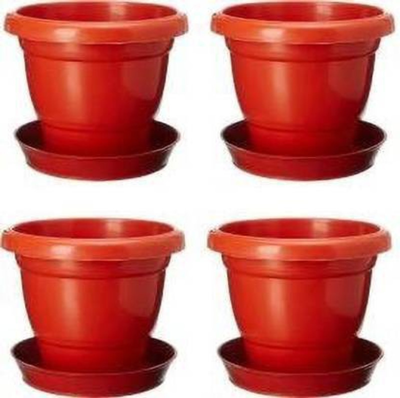 Ramanuj (Pack of 4 With Tray) 12 inches Heavy Duyt Plastic Bigger Size High Quality Future Green Gardening Flower Pots-12 Inch | Round Garden Plastic Planters Plant Container Set Gamla Pot for Garden,Terrace,School Gardens,Restaurants and Balcony Flowering (Pack of 4, Plastic) With Tray Brown Plant