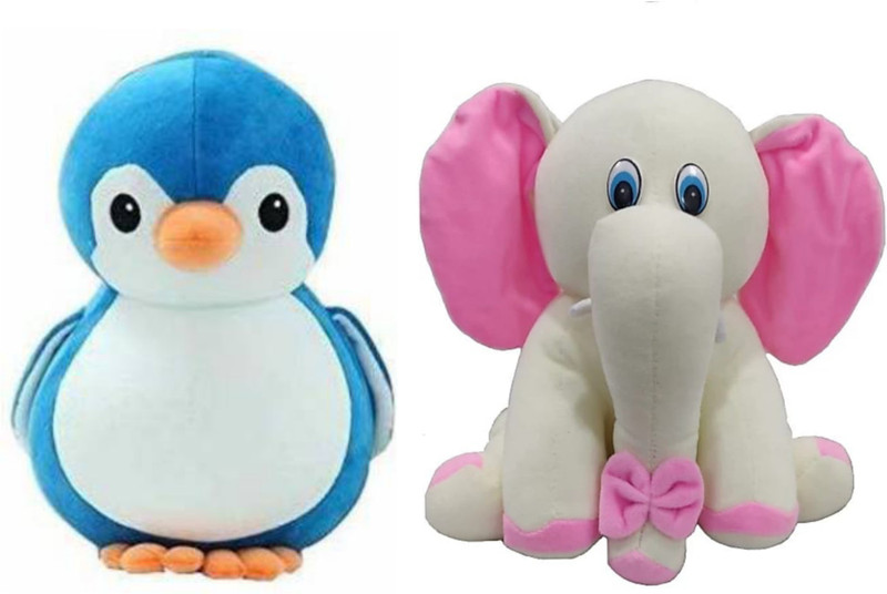 Eguds High quality cute & attractive blue penguin and beigesitting elephant (combo) for kids, gift/birthday & decoration - 25 cm(Blue, Beige, White)