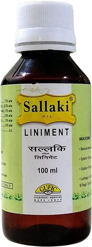 Gufic Sallaki Liniment, 100ml, helps in treatment of Arthritis, Gout, Frozen shoulder, Synovitis, Joint pains and inflammation, Backache, Fibrositis, Cervical and lumbar spondylosis, Arthralgia, Bursitis, Sprain, Strain, Sciatica, Capsulitis, Myositis, Sports injuries, Tenosynovitis.(Pack of 2, 200