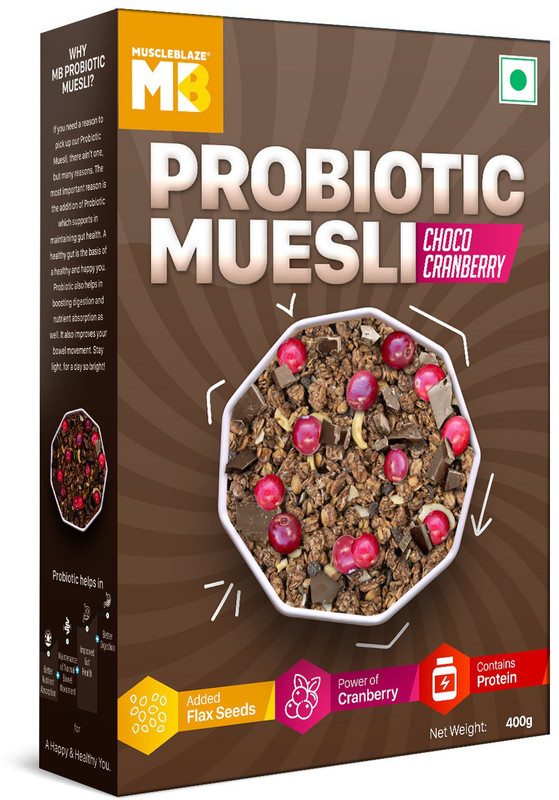 MUSCLEBLAZE Probiotic Muesli, Breakfast Cereals For Good Gut Health, Multigrain Flakes, Antioxidant-Rich Box