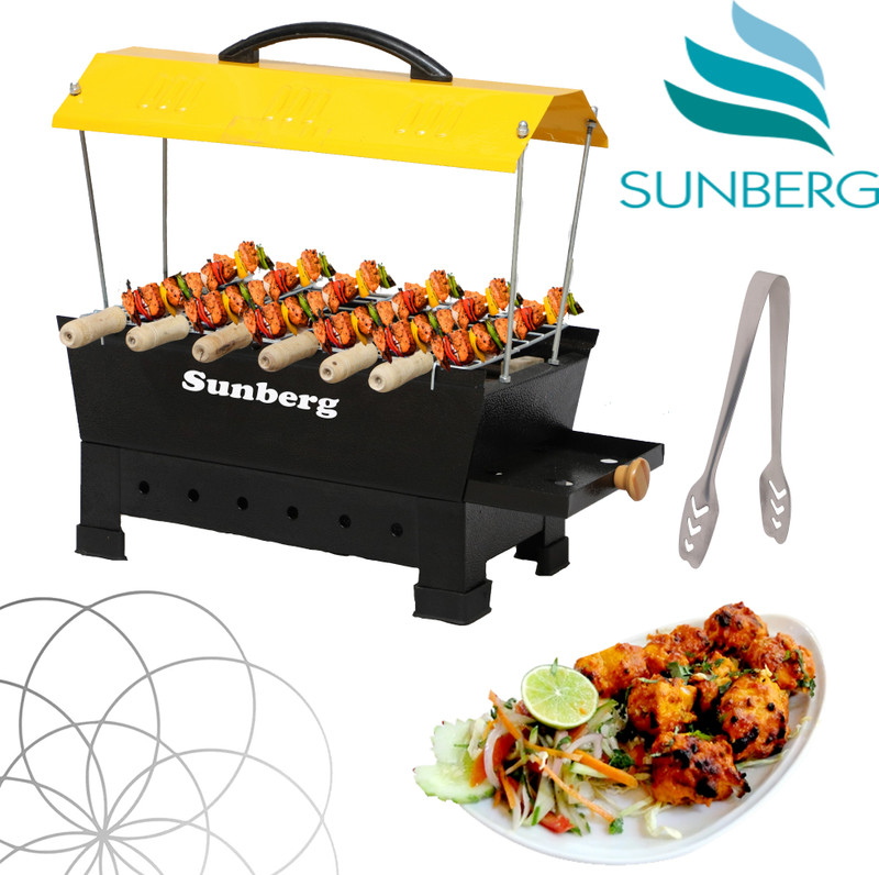 SUNBERG Yellow Hut Shape Electric & Non Electric (Charcoal) Barbeque grill & Tandoor 6 Wooden Handle skewers & Tong Electric Grill Electric Tandoor Electric Grill(Yellow)