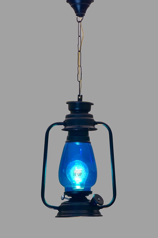Prop It Up VINTAGE TRADITIONAL METAL CRAFT ELECTRIC LANTERN HANGING/PENDANT LAMP/LIGHT Black, Blue Iron, Glass Hanging Lantern(30 cm X 20 cm, Pack of 1)