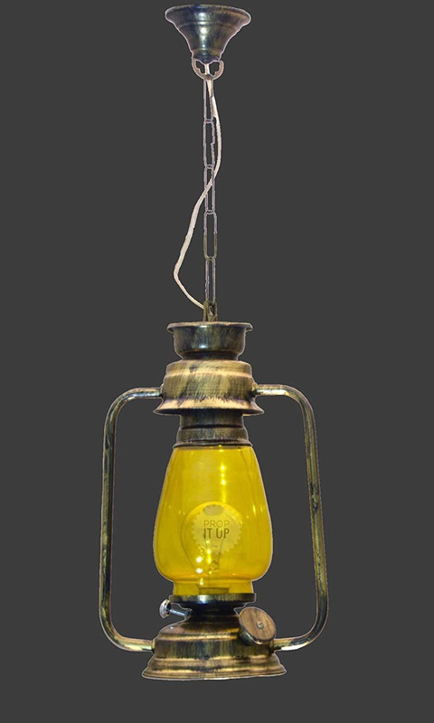 Prop It Up Beige, Yellow Iron, Glass Hanging Lantern(30 cm X 11 cm, Pack of 1)