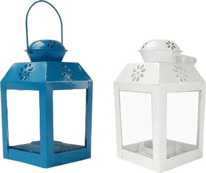 Antique collection Sweetheart Decorative Hanging Lantern/Lamp with t-Light Candle, (Set of 4) White, Blue Iron Hanging Lantern(16 cm X 8 cm, Pack of 2)