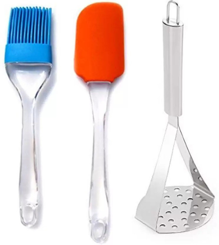 Prosac High Grade Stainless Steel Potato Masher and Heat Resistance Silicone Spatula Cooking Oil Brush Set for pav bhaji, Stuffed paratha, Masala Dosa Masher Kitchen Tool Set(Multicolor, Masher, Brush)