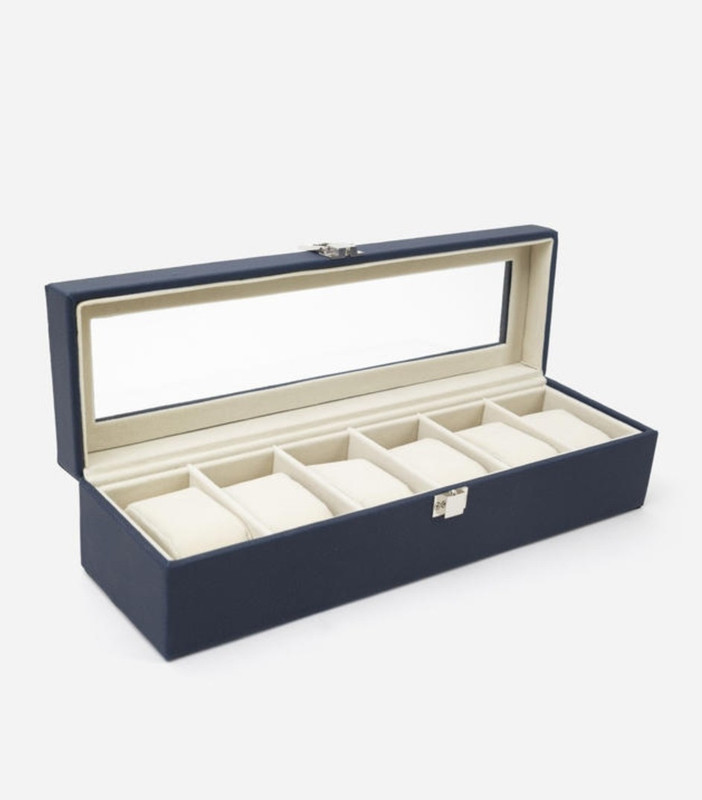DWH Navy Blue 6 Slots Wrist Watch Box | Watch Organizer | Watch Case | Leatherette |Transparent lid Watch Box(Navy Blue, Holds 6 Watches)