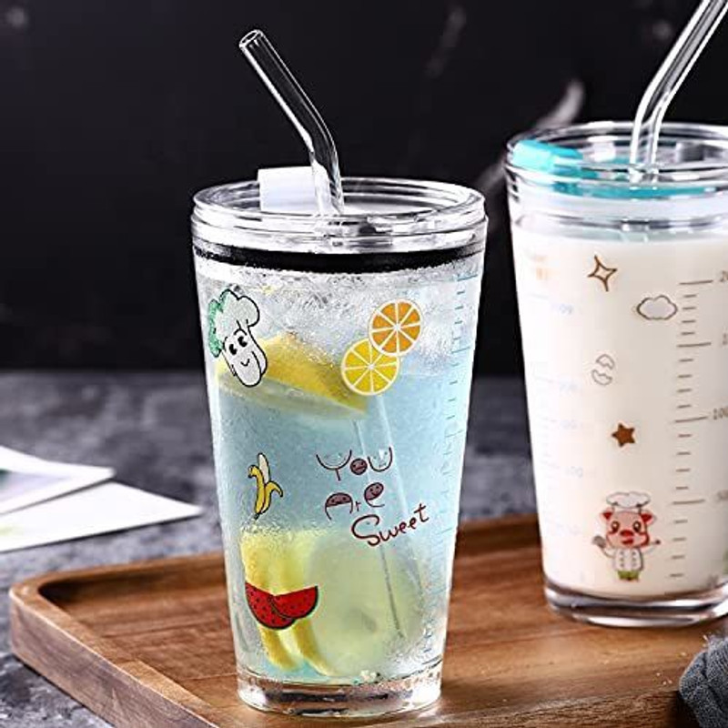 EMAILYA RETAILS coffee cup sipper glass with straw mug with straw coffee Glass Coffee 450 ml Glass Shaker(Pack of 1, Multicolor)