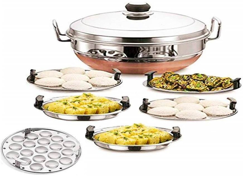 HENVI ENTERPRISE All-in-One Stainless Steel Idli Multi Kadai Steamer Copper Base With Lid 5Plates Standard Idli Maker(6 Plates , 14 Idlis )