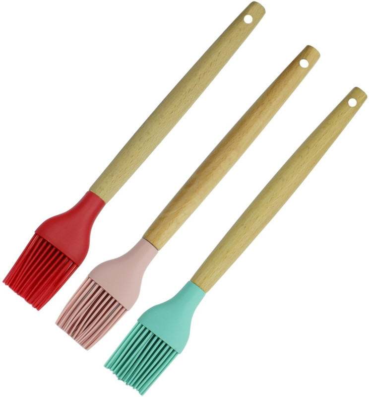 MobFest Silicone Brush with Wooden Handle for Cake Mixer, Baking, Oiling, BBQ, Oven Tandoor Grilling Non Stick Cookware (28 cm Long) Silicone Flat Pastry Brush(Pack of 1)