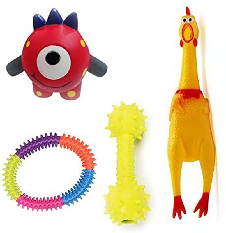 Woofy Squeaky Chewable Combo Toy Pokemon, Colorful Ring, Squeaky Chicken & Dumbell Rubber Chew Toy For Dog & Cat