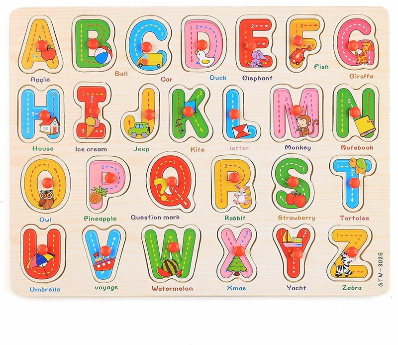 Xeekart Wooden Learning Educational Board Capital Letter with Picture Learning Board with Knob for Kids WOODEN ALPHABET PUZZLE BOARD WOODEN ABC Wooden English Alphabet A to Z with Early Educational Board for Kids Wooden Letter Blocks Toy with Wooden Tray(Multicolor)