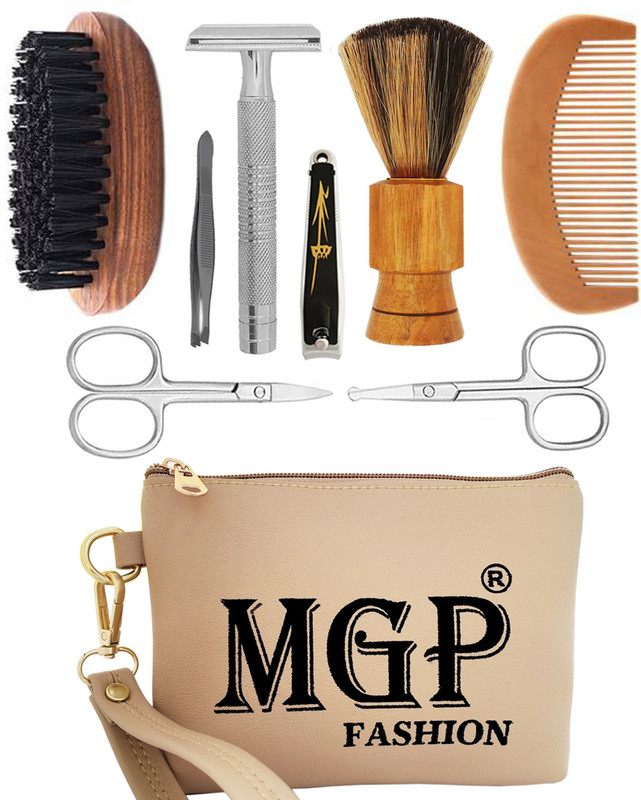 MGP FASHION Razor Beard Brush & Shisham Wood Comb for Beard Styling & Beard Care Safety Razor Beard Shaver Cut-Free , Sheesham Wooden Handle Long and Natural Soft Bristle Shaving Brush, Moustache , Beard ,Eyebrow Scissor,Nose Scissor / Nail Cutter / Black Plucker / Tweezer Men's Grooming Kit Tools H