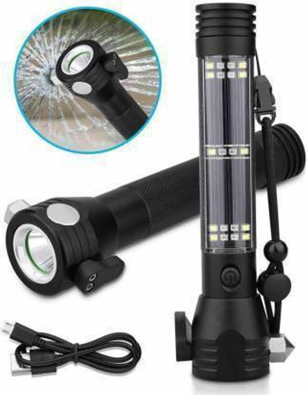 Dherik Tradworld Aluminium 7 Mode Rechargeable Solar LED Torch Flashlight, Car Emergency Tool with Window Breaker, Magnet, Cutter, Compass for Travel, Camping Hiking Security Torch(400 nm, Black)