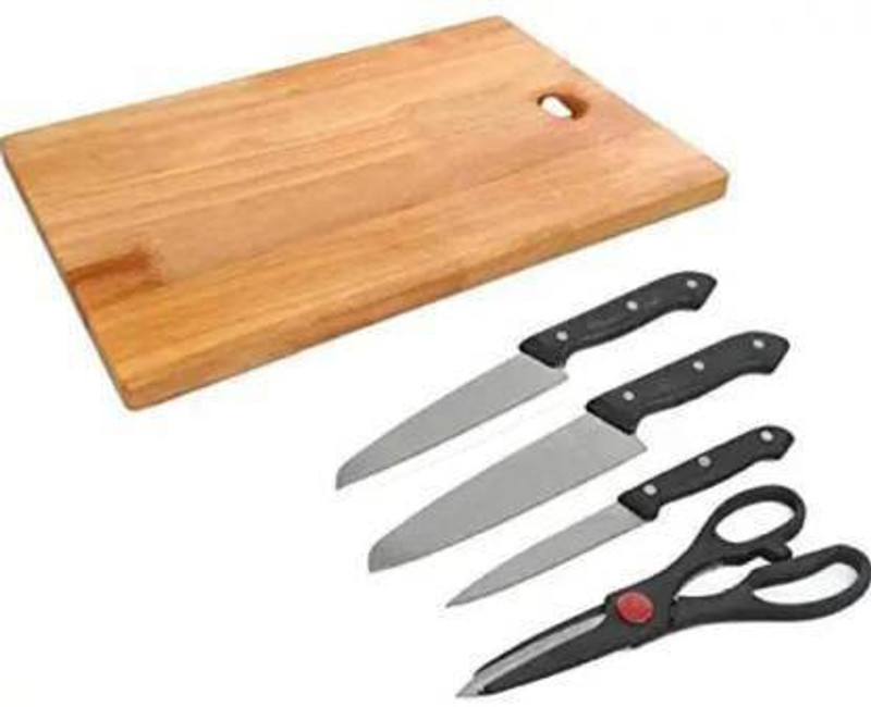 BHAL ENTERPRISE Vegetable Wooden Chopping Board with Knife Set and Stainless Steel Scissor For Kitchen and Home. Wooden, Stainless Steel Cutting Board Wooden Cutting Board(Beige Pack of 6 Dishwasher Safe)
