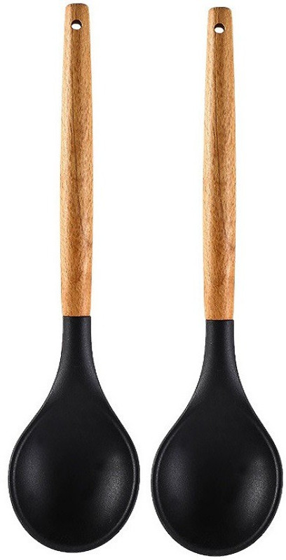 Flipkart SmartBuy Silicone Nonstick Mixing Spoons with Wooden Handle, Black Pack of 2 Kitchen Tool Set(Black, Spatula)