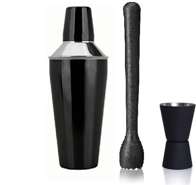 Dynore Stainless Steel 3 Pcs Muddler Bar Set- Black PVC Muddler, Black Peg Measure- 20/40 ml, Black Cocktail Shaker- 750 ml 3 - Piece Bar Set(Stainless Steel)