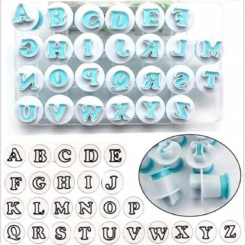 Bakers cutlery Alphabet Uppercase Plunger Fondant Letter Cutters, Plastic 26 Pieces Cake Mold Decorating Tools, Embosser Cutter Cookie Stamp Impress for DIY Sugar Cookies Chocolate Plunger Cookie Cutter(Pack of 26)