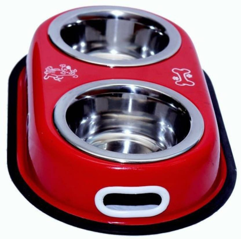 DCM PET MART Double dinner round bowl Stainless Steel Pet Bowl(1800 ml Red)