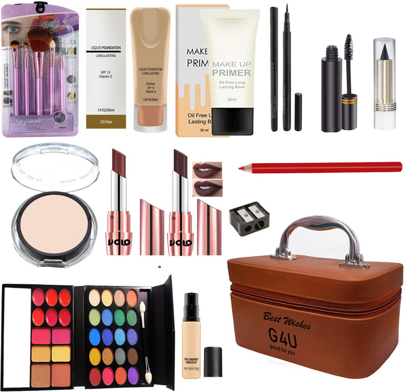 G4U All in One Makeup Kit Gift Set,High Quality Eyeshadow, Waterproof Black Eyeliner Pen,Foundation, 3 Lipsticks,Kajal,Lip Liner,Puff,Mascara, 2 nail Polish,Compact ,Perfect for Party makeup Casual makeup Wedding makeup With Makeup Box (Set Of 18Pcs) ST 64(Pack of 14)