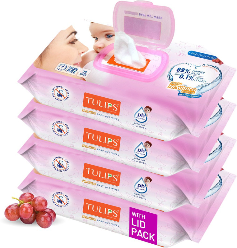 Tulips Baby Wet wipes with LID (72 Wipes X 4 Packs) for Gentle Cleaning/ Moisturising, Rash Free, 99% Purified Water with Grapefruit Extracts(288 Wipes)