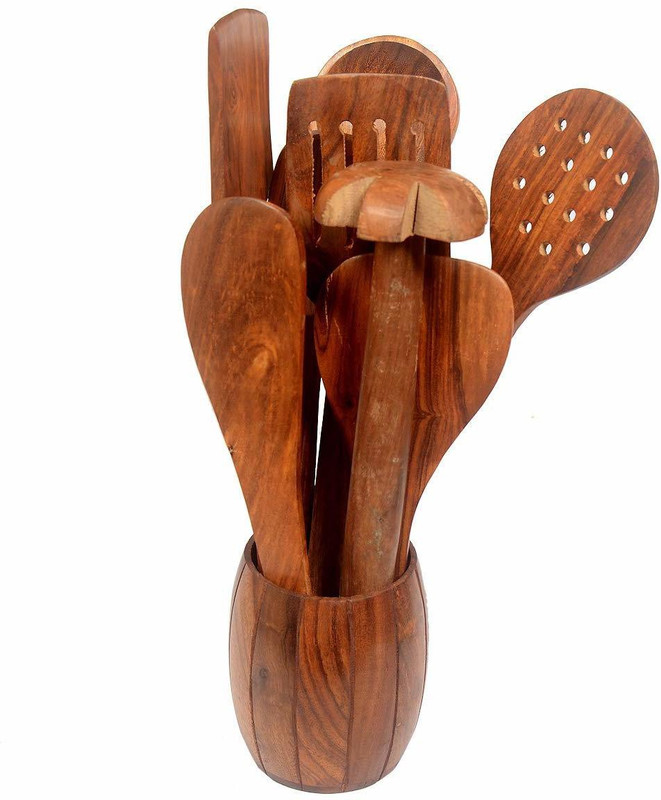 LyqArt Wooden Handmade Non Stick Serving Spoon Set with Holder| Cooking Spoon Stand | Wood Spoons| Spatula for Cooking | Kitchen Tools with Barrel Holder | Wooden Cutlery Set(Pack of 9)