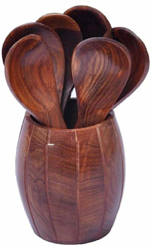 LyqArt Wooden small Spoon with Holder | dessert spoon set | soup spoon |Cutlery Holder| Cutlery rack | Spoon holder | Spoon rack -Brown Wooden Cutlery Set(Pack of 7)