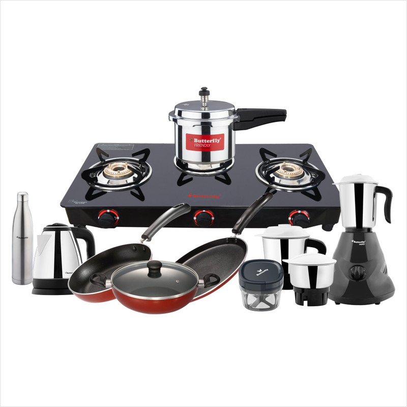 Compare Butterfly Family Kitchen 9pcs Set Glass Manual Gas Stove Price