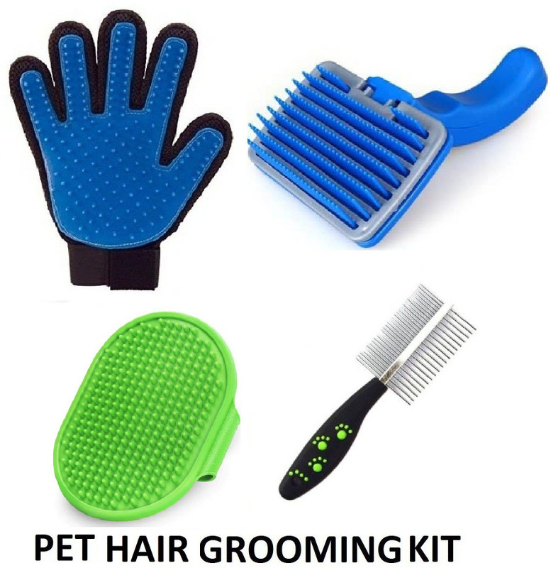 Hachiko Best Quality Imported (Combo of 4) Dog Needs High Quality Hair Wooden Brush + Slicker + Gloves + Bath Gloves Bath Scrub Gloves for Cleaning Washing for All Pets Dog, Cat, Rabbit, Hamster Plain/ Bristle Brushes for Dog, Cat, Rabbit, Hamster