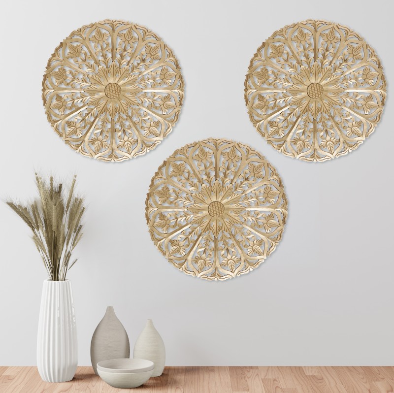 Timberly MDF Wall Panel | Round Design Wall Mounted Panel for Living Room | Wall Hanging Panel- 24 x 24 Inch, Golden Colour, Set Of 3 Pack of 3(24 inch X 24 inch, Golden)