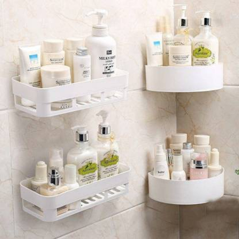 Qrex Pack Of 4 Wall Mountable Durable and Stable Plastic Toothbrush Holder Multipurpose Storage Holder Stand Keeping Toothpaste, Comb, Cream, Lotion & soap for Bathroom Accessories Traceless Shower Caddy with Strong Self Adhesive Magic Sticker (2 Bathroom + 2 Triangle Corner Toothbrush Holders ,Whit