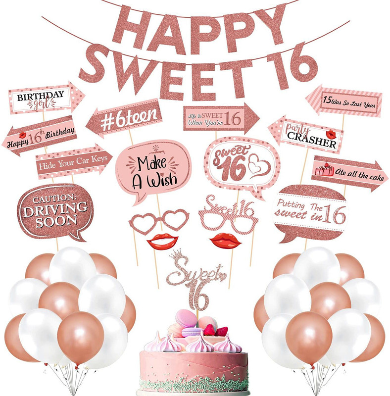 ZYOZI Sweet 16 Birthday Decorations with Photo Booth Backdrop and Pre-assembled Props – 16th Birthday Party Supplies, Rose Gold Sweet 16 Decorations,16 Happy Birthday Banner, Cake Topper, Balloons (PACK OF 43))(Set of 43)