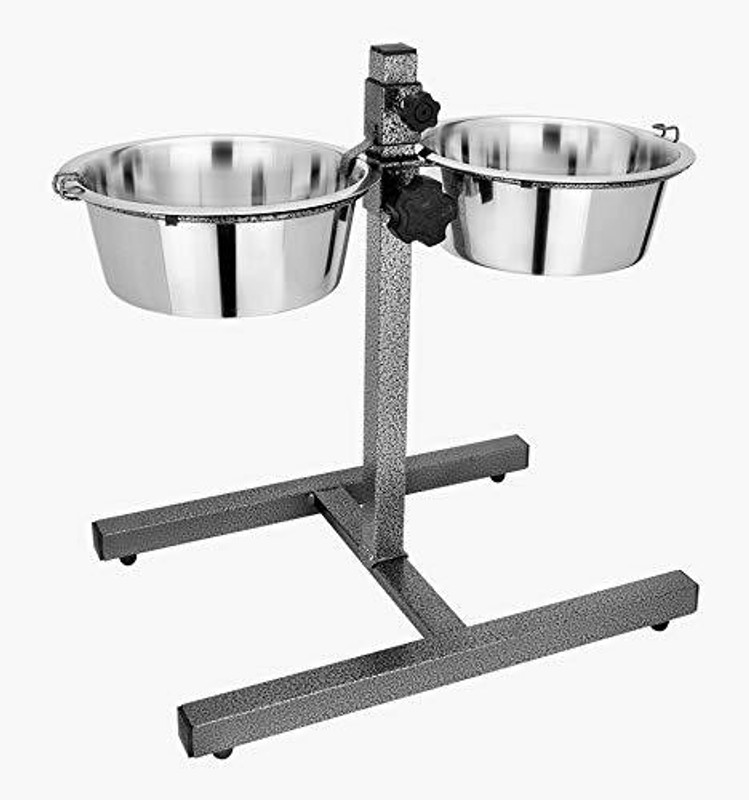 Rvpaws Designer Diner Adjustable Elevated Pet Feeder Raised Dog Bowls Dog Feeding Station H-Base Double Bowl Stand Two Stainless Steel Removable Bowls 2 X 2.75 litres -12 Cups per Bow - (Extra Large) Round Stainless Steel Pet Bowl(8 ml Silver)