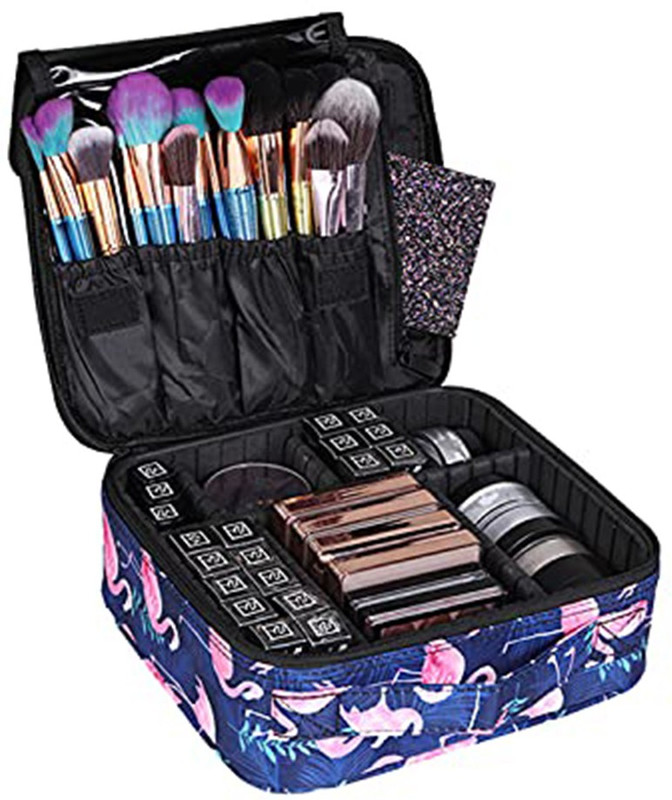 HOUSE OF QUIRK Makeup Cosmetic Storage Case with Adjustable Compartment - Dark Blue Flamingo Makeup Vanity Box(Dark Blue Flamingo)
