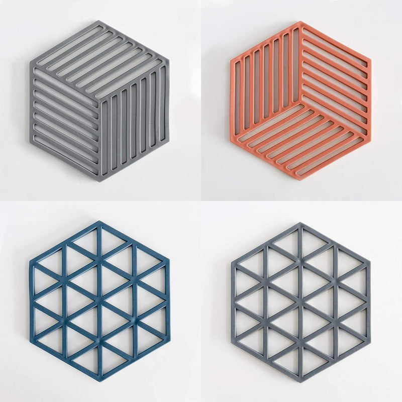 DHRUSIMI Silicone Trivets for Hot Dishes Hot Pots and Pans Kitchen Counter Pads Table Multi-Use Heat Resistant Non-Slip Durable Line Grey & Red - Triangle Blue & Grey Trivet(Pack of 4)