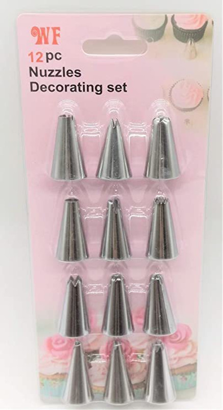 BAKERS4U Steel 12 Pcs Icing Piping Nozzles Set Cake Sugar Craft Decorating Nozzle Tool Set, for Cakes, Cupcakes, Cookies, Pastries (12) Stainless Steel Speciality Icing Nozzle(Silver Pack of 12)