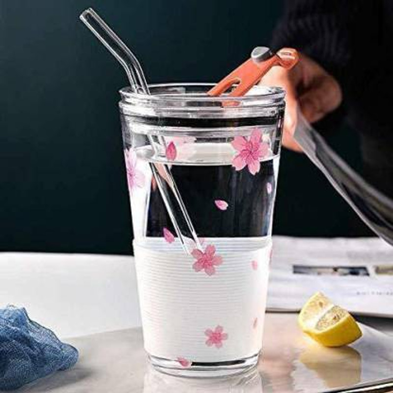 Jivima Printed Glass with Airtight Lid and Straw Children's Breakfast Milk Coffee Glass Coffee (400 ml) Glass Mason Jar(400 ml)