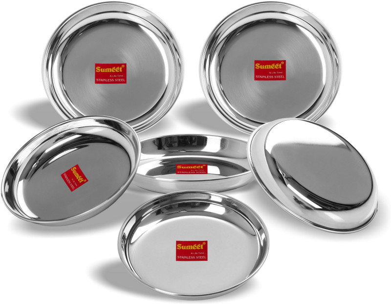 Sumeet Stainless Steel Heavy Gauge Medium Halwa Plates with Mirror finish 17cm Dia - Set of 6pc Quarter Plate(Pack of 6)