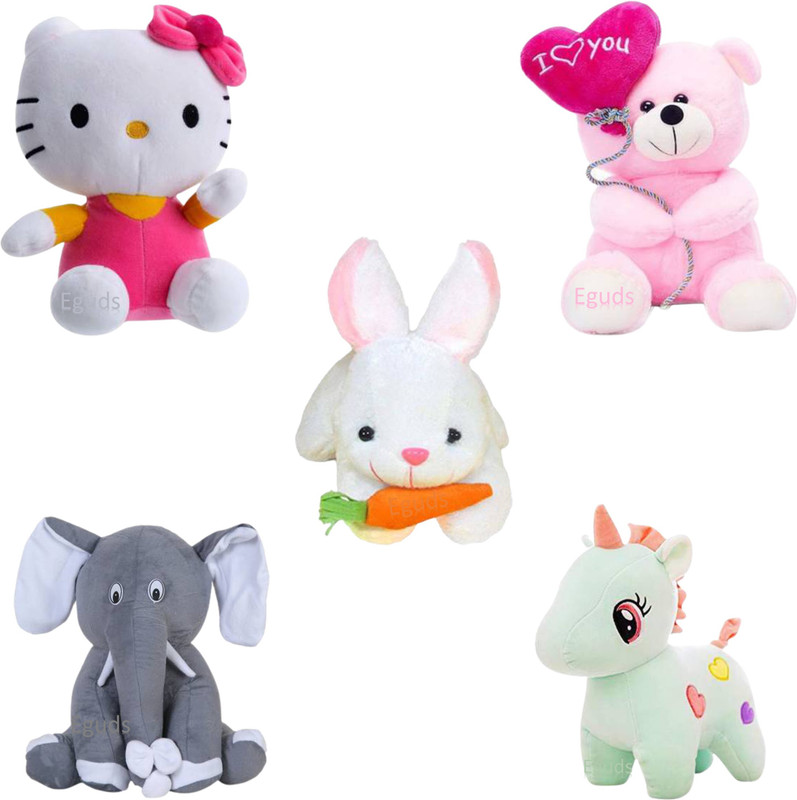 Eguds Adorable and lovable set of 5 super soft stuffed toys in beautiful shades of rabbit, unicorn, hello kitty, teddy bear, elephant / special gift for kids, birthdays and anniversaries / home decoration - 25 cm(Pink, White, Grey, Green)