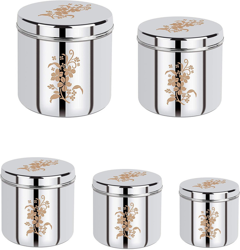 VERESTRA Polypropylene Tea Coffee & Sugar Container - 3 L, 2.5 L, 2 L, 1.5 L, 1 L(Pack of 5, Silver)