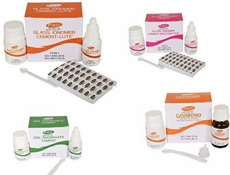 pyrax Glass Ionomer Luting (Type I), Glass Ionomer Restorative (Type II), Zinc Phosphate Cement, Zinc Oxide Eugenol Cement (Cavibond) Combo Pack of One Box each Dental Elevator