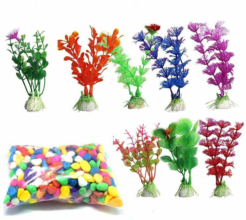 Aquapetzworld Aquarium Decoration Kit Colorful Artificial Plant Colorful Rainbow Gravel Pebble Stone Substrate for Fish Turtle Tank Bowl Decor (8 Plants+ 500g Stone) Aquarium Plant Anchor(8 Plant Anchors)